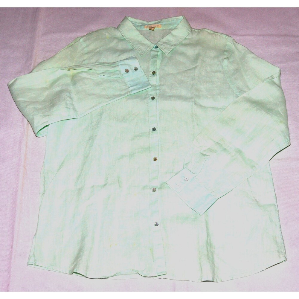 Eileen Fisher Women's Long Sleeve Button Front Green 100% Linen Shirt Size Large